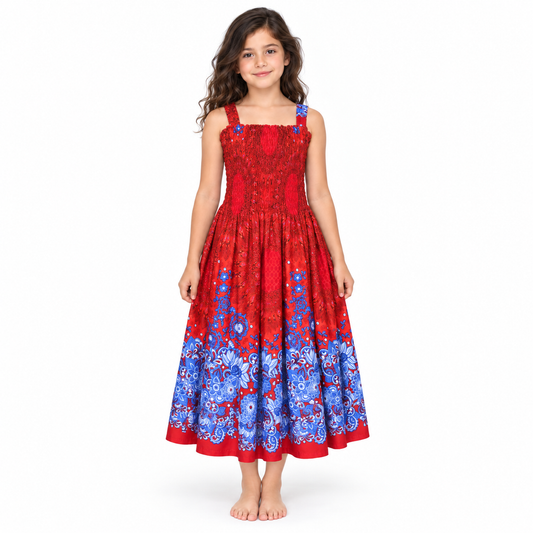 Red Blue Floral Border Smocked Dress - model front view