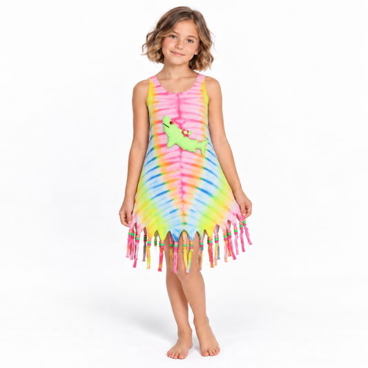 Rainbow Tie-Dye Dinosaur Fringe Dress - model front view