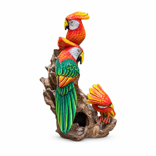 Indonesian Hand-Painted Parrot Trio on Driftwood - corrected view 2