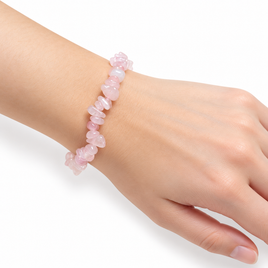 Rose Quartz Chip Bracelet — wrist angle