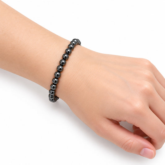 Hematite Fine Bead Bracelet — wrist angle