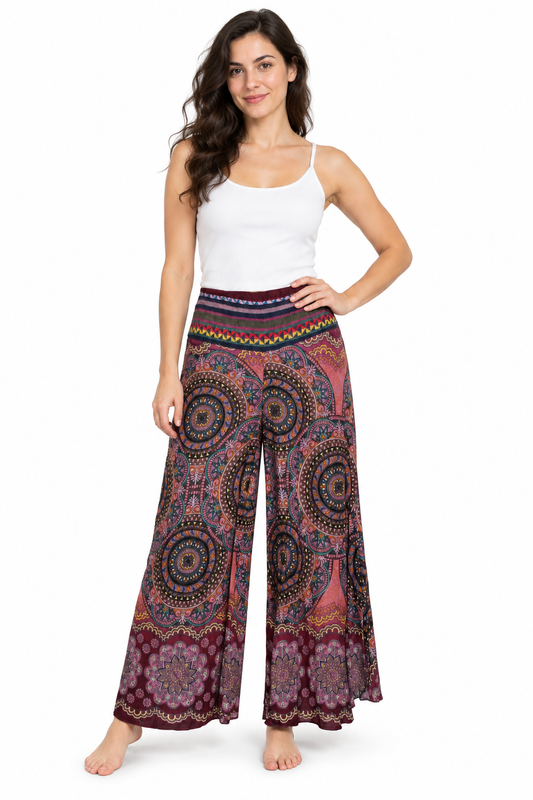 Burgundy Mandala Harem Pants model front view