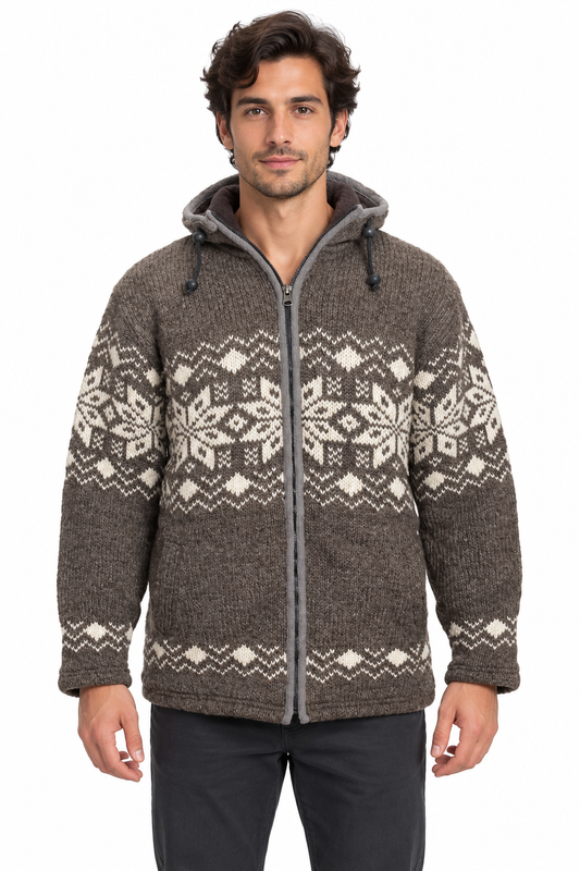 Brown & Cream Nordic Hooded Wool Jacket — model front view