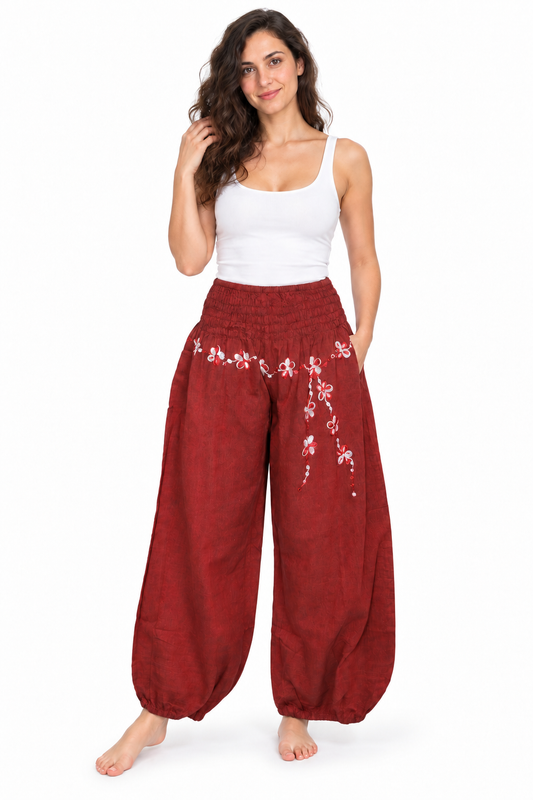 Rust Embroidered Palazzo model front view – corrected orientation and elastic hems