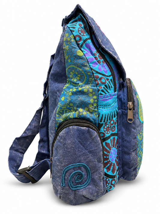 Grey Blue Om Spiral Patchwork Backpack — side view