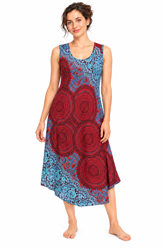 Beach Dress - Sleeveless - Red Turquoise Mandala - model front