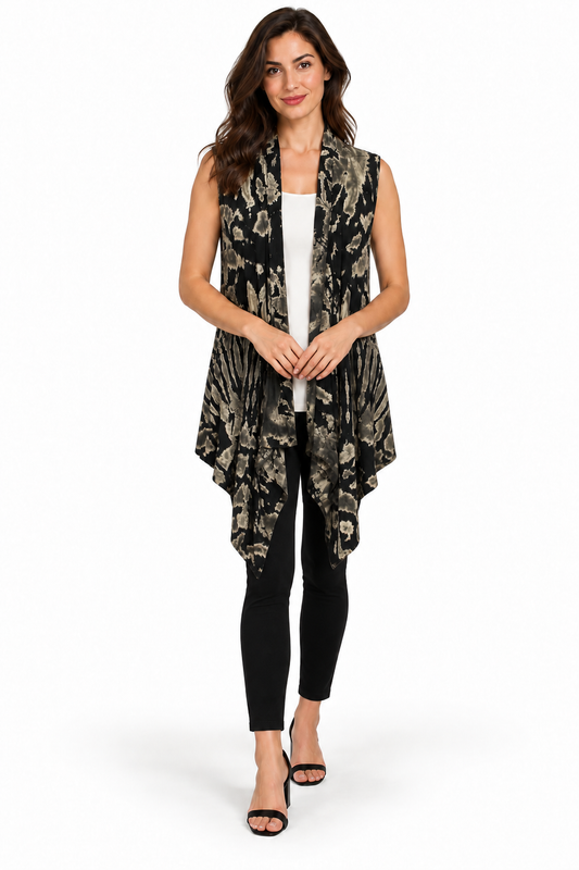Long Open Vest - Black Beige Floral Pattern – corrected front model view
