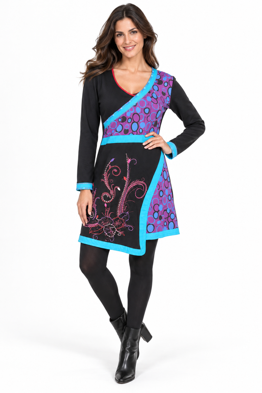 Long Sleeve Dress - Black Purple Turquoise Embroidered – catalogue view 2