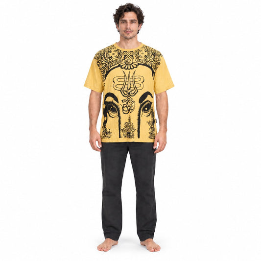 Ganesha Face on Om Short Sleeve Tees from Thailand — model front view