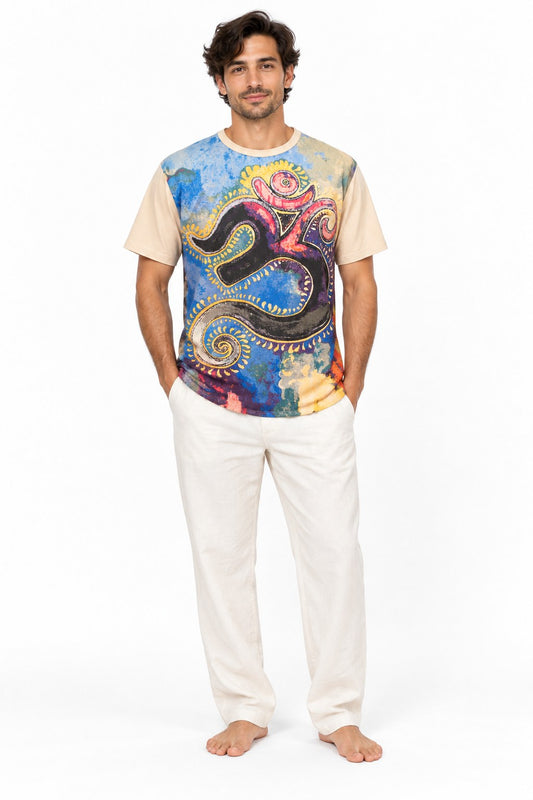 Light Brown Om in Holi Print from Thailand — model front view