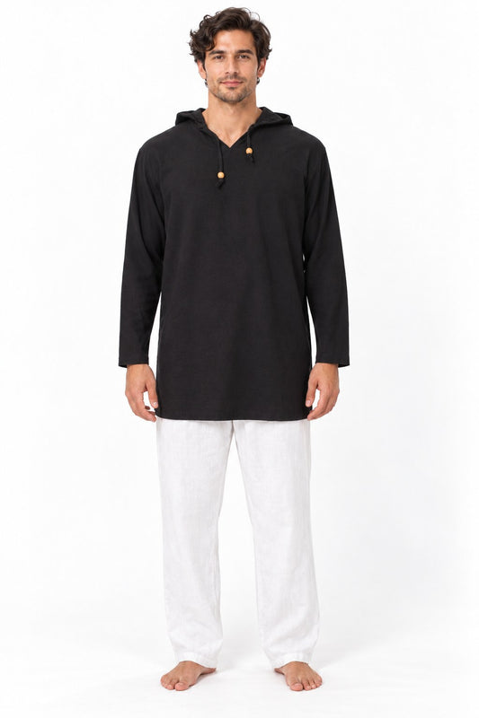 Black Color Long Sleeve Hoodie Shirt from Thailand — model front view