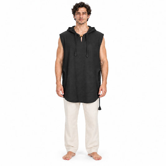 Cut Sleeves with Hoodies and Two pockets in Black from Nepal — model front view