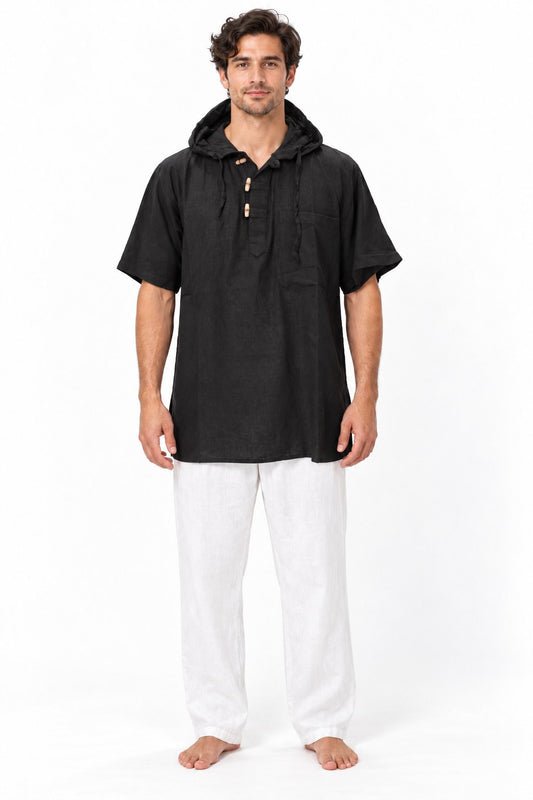 Short Sleeves with Hoodie with Wooden Buttons from Nepal — model front view
