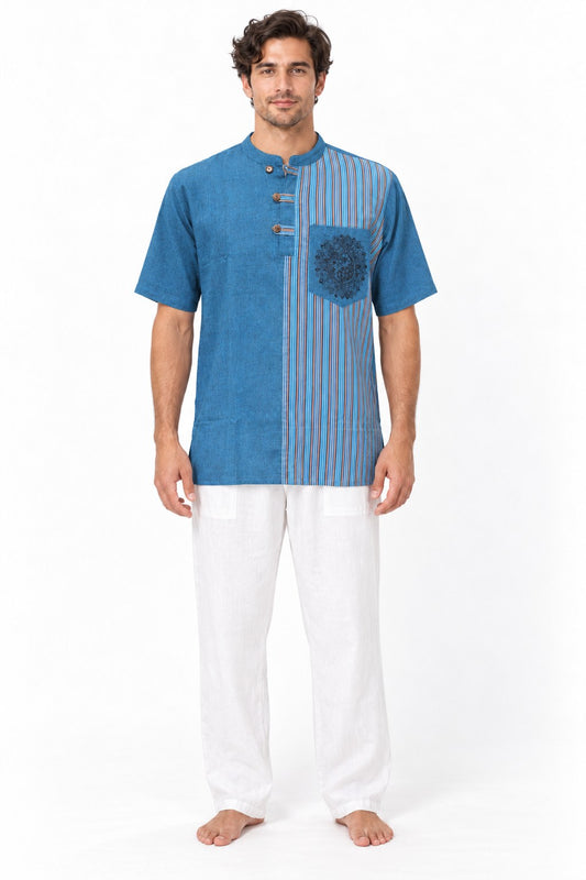 Blue Color Short Sleeve Button with Mandala Design from Nepal — model front view