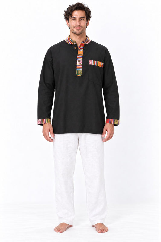 Black Long Sleeves with a Colorful Patch Woven Trim from Nepal — model front view