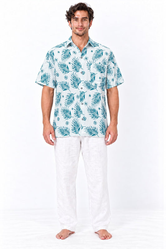 Cotton White Turquoise Sea Green Falling Leaf Print from Thailand — model front view