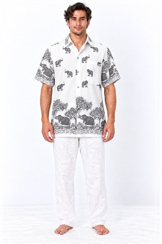Dancing Elephants in Jungle in White Cotton short sleeves from Thailand — model front view