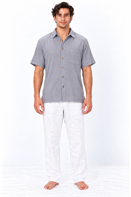 Grey Shirt in Soft Thin Cotton from Thailand — model front view