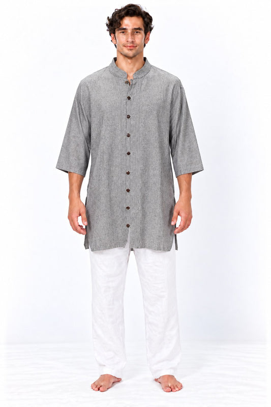 Grey Textured Khadi Cotton Gandhi Collar Shirt — model front view