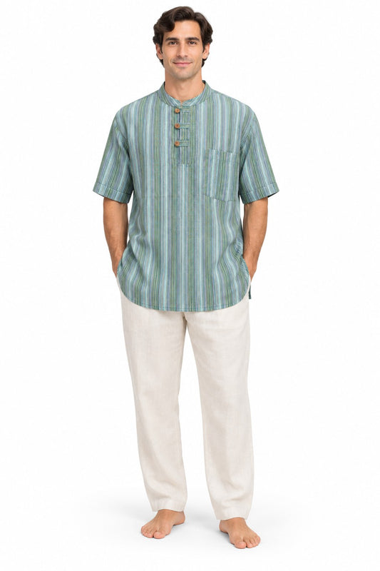 ShortSleeve with Green Lines from Nepal — model front view