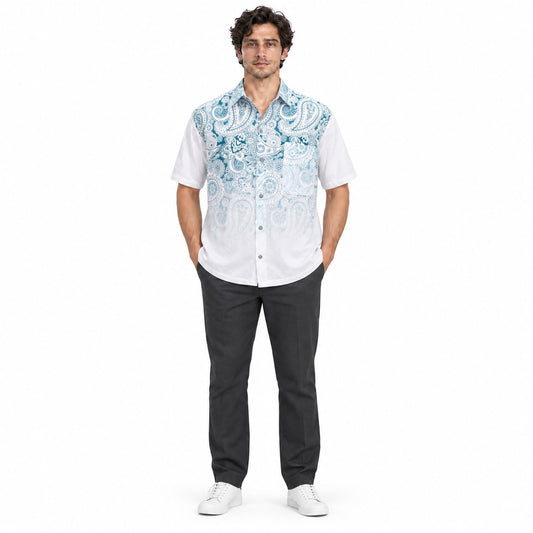 Turquoise Petal Element on white fading Shirt from Thailand — model front view