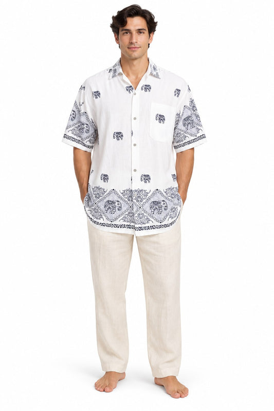 White Blue Thai Elephants in Jungle White short sleeves from Thailand — model front view