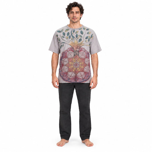 Cotton T-Shirt - Blue - Short Sleeve T-Shirt Gray Mandala in Tree — model front view