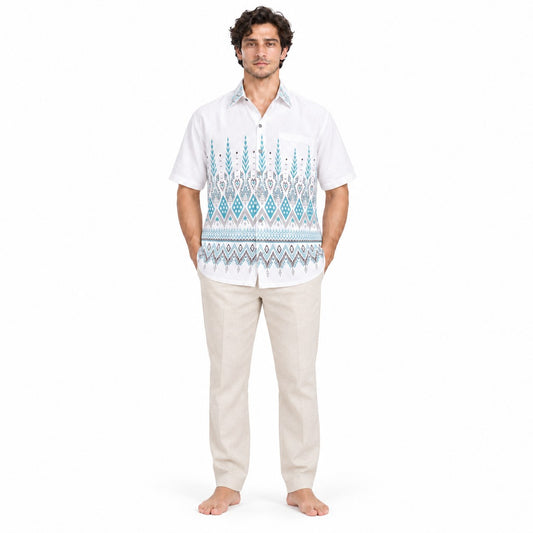 Turquoise Flowers in White Thai Cotton — model front view