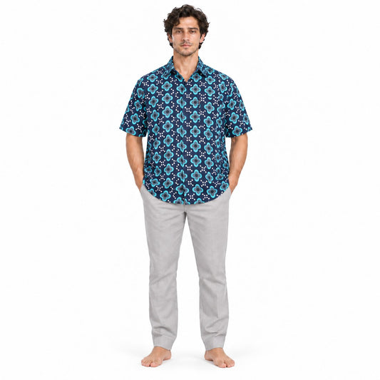 Blue Flowers on Hawaiian Print — model front view