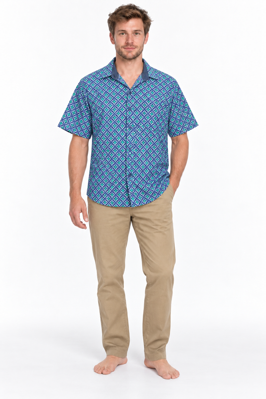 Blue Violet Lattice men's Hawaiian shirt — model front