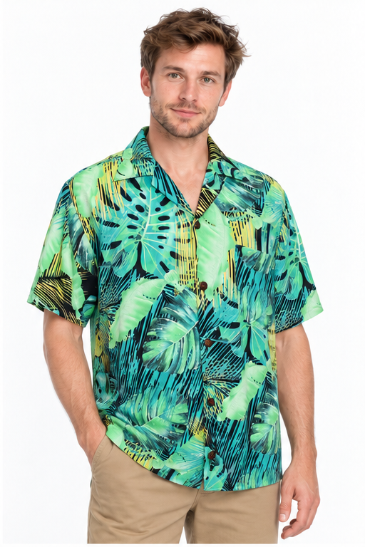 Emerald Jungle Leaves men's Hawaiian shirt — model front