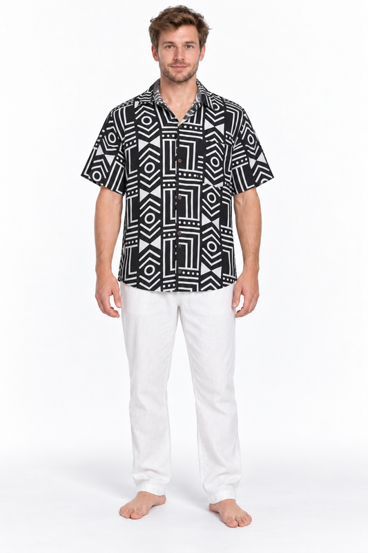 Monochrome Maze men's Hawaiian shirt — model front