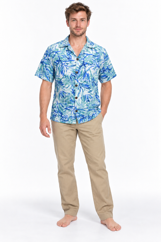 Ocean Bamboo Leaves men's Hawaiian shirt — model front
