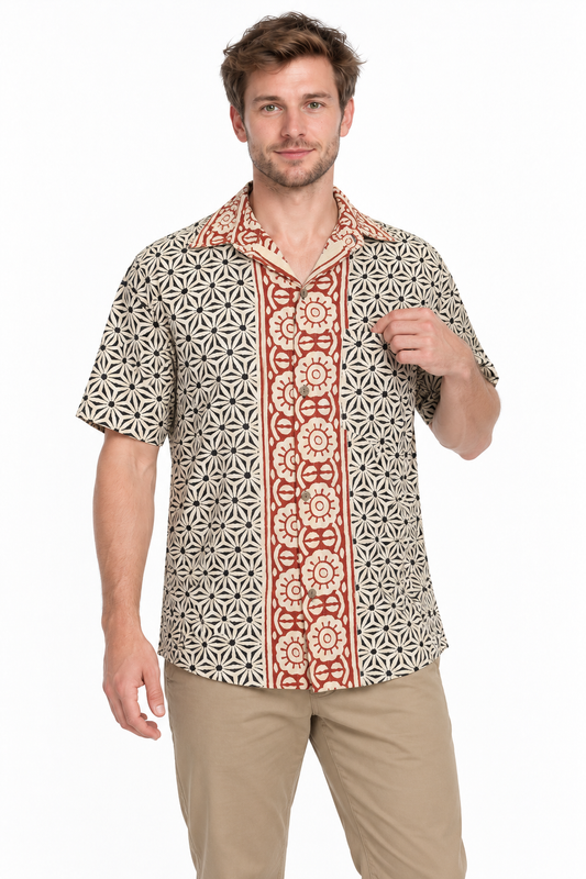 Rust Floral Panel men's Hawaiian shirt — model front