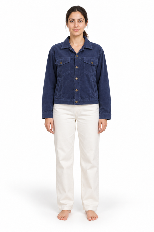 Navy Blue jacket, model front view