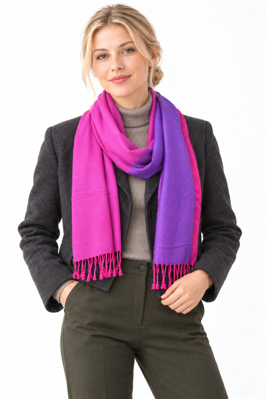 Bright Purple Pink Scarf / Shawl — winter styling model view