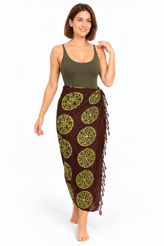 Brown Lime Circular Motifs Sarong — waist wrap model view