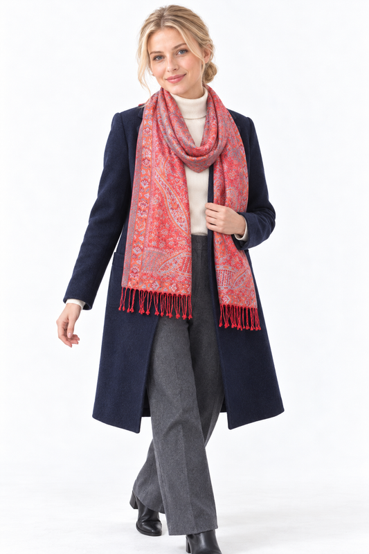Coral Paisley Scarf / Shawl — winter styling model view