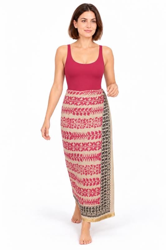 Cream Pink Stripes Sarong — waist wrap model view