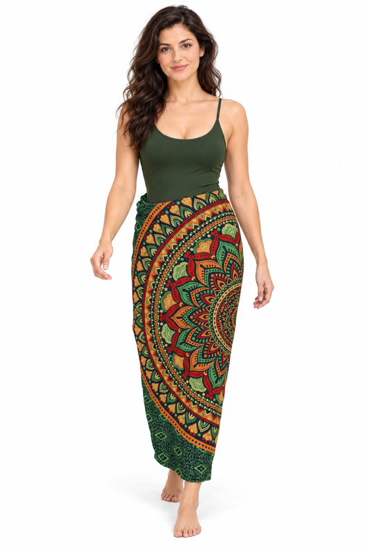 Green Geometric Mandala Sarong — waist wrap model view
