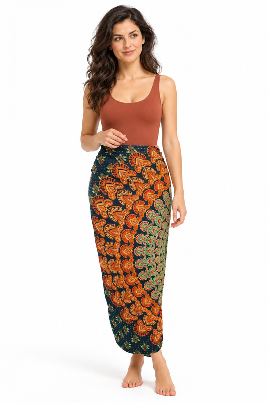 Navy Orange Green Mandala Sarong — waist wrap model view