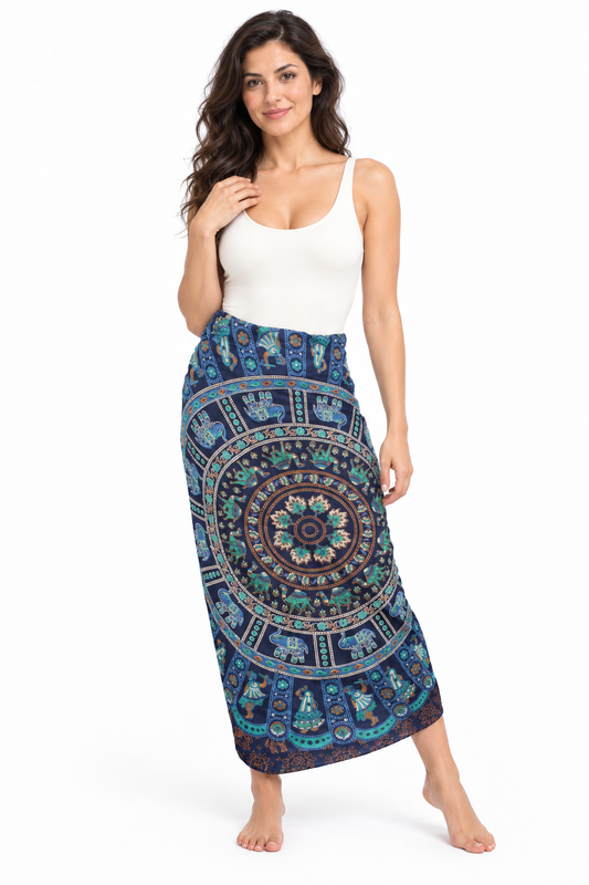 Navy Turquoise Mandala Sarong — waist wrap model view