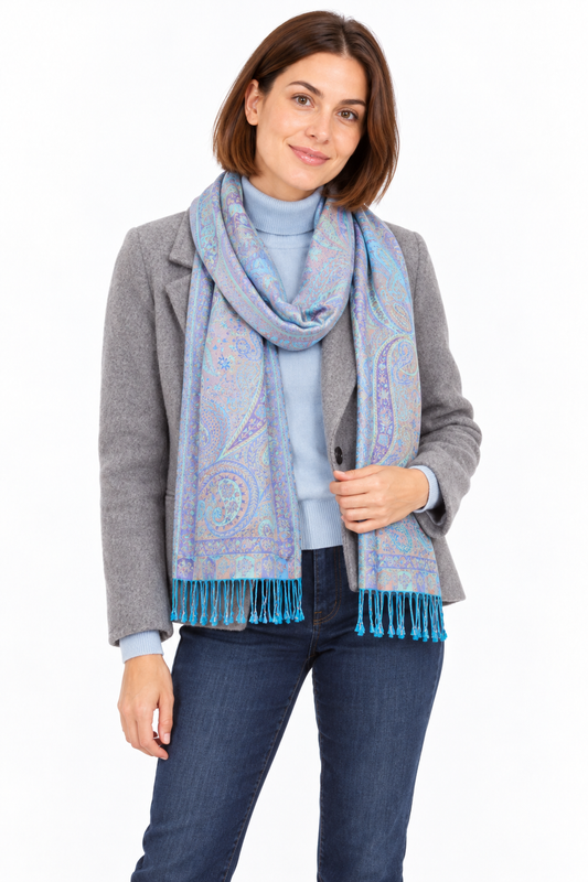 Pastel Blue Lilac Paisley Scarf / Shawl — winter styling model view