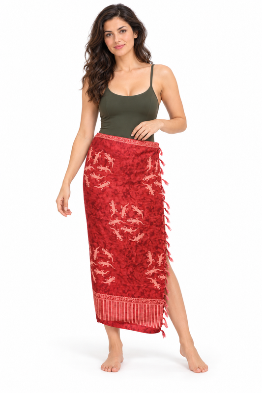 Red Cream Lizard Circles Sarong — waist wrap model view