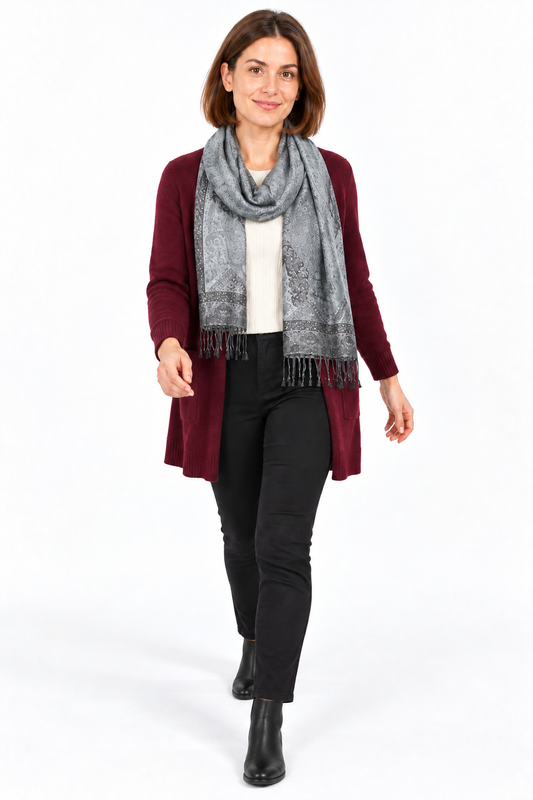 Silver Charcoal Paisley Scarf / Shawl — winter styling model view