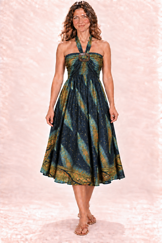 Coco Dress - Navy Gold Feather Pattern — Dress — front view