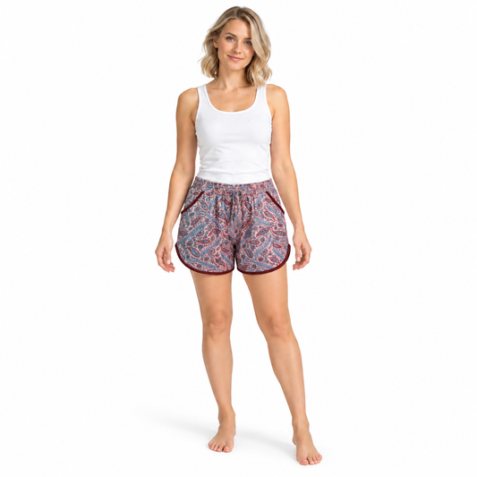 Pink Blue Paisley Shorts with Burgundy Trim – front model view