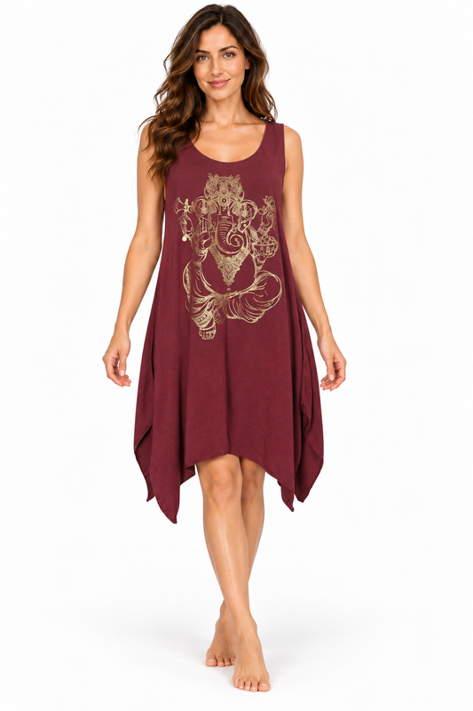 Sleeveless Tunic Dress - Burgundy Gold Ganesha Print – catalogue view 1