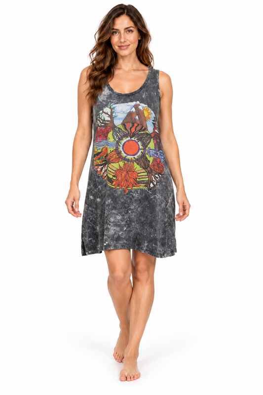Sleeveless Tunic Dress – Charcoal Multicolour Mountain & Sun Print – catalogue view 1