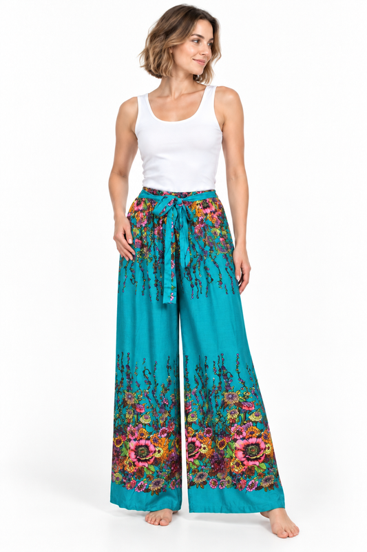 Turquoise Floral Border Palazzo – product view 2